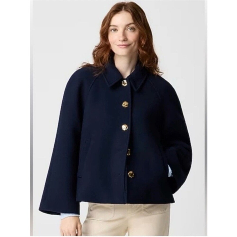 J. Crew Factory Cropped Wool Blend Swing Coat Women’s Large Petite Navy Blue